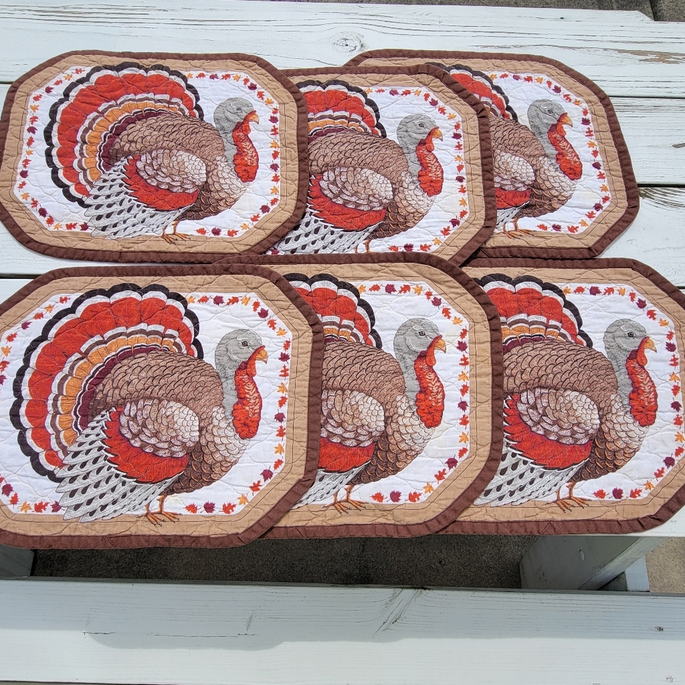 Quilted Turkey Placemats (6) Handmade Autumn Theme Leaves Farmhouse Cottage